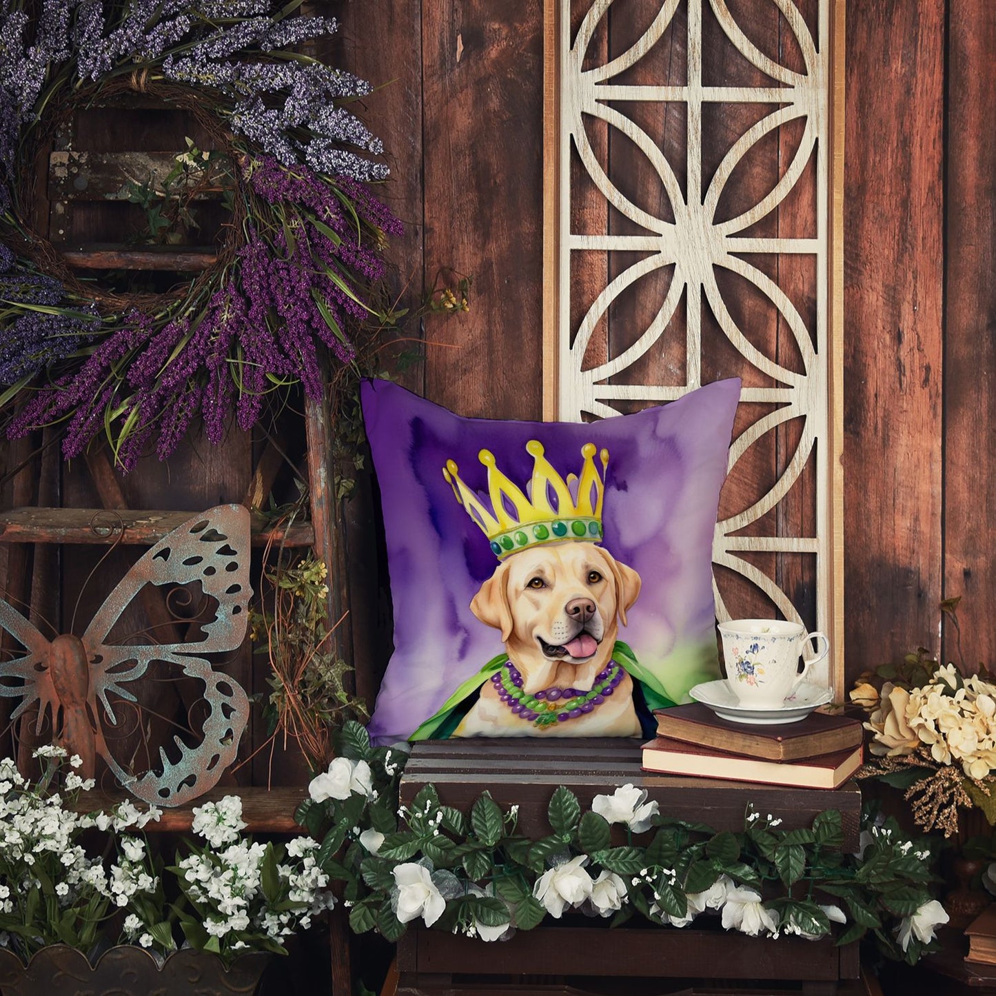 Labrador Retriever King of Mardi Gras Throw Pillow Machine Washable, Indoor Outdoor Decorative Pillow for Couch, Bed or Patio, 14Hx14W