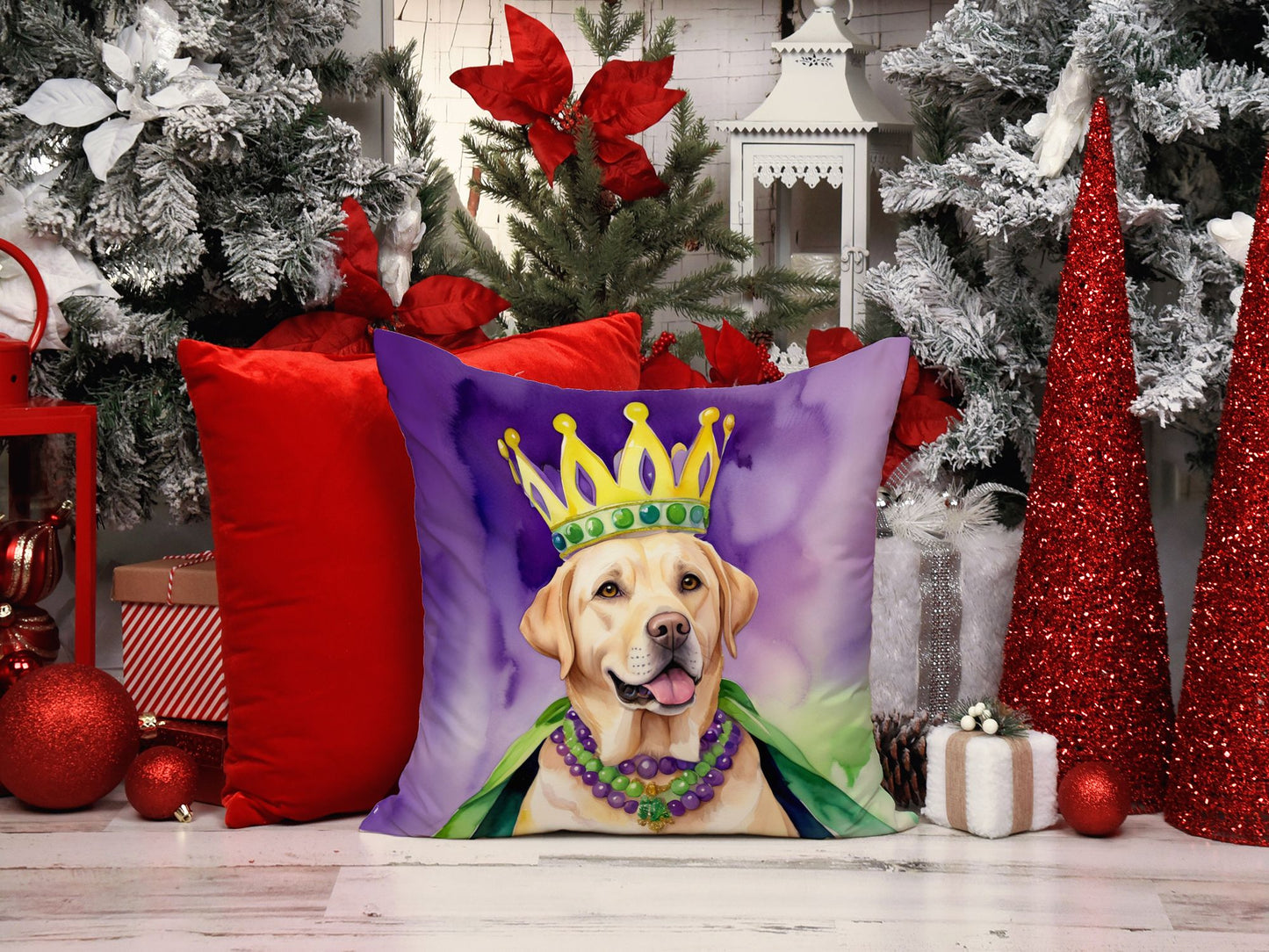 Labrador Retriever King of Mardi Gras Throw Pillow Machine Washable, Indoor Outdoor Decorative Pillow for Couch, Bed or Patio, 14Hx14W