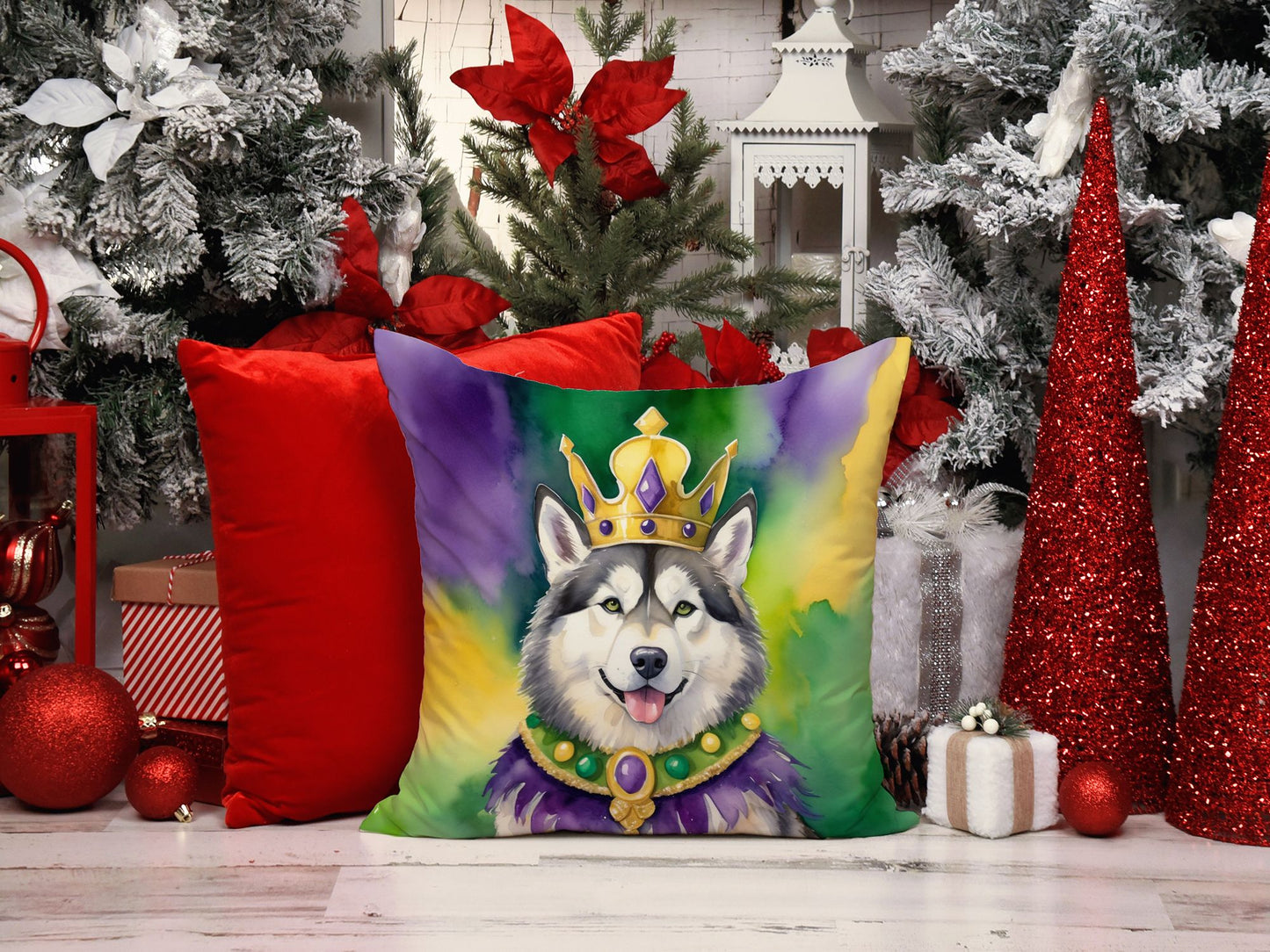 Alaskan Malamute King of Mardi Gras Throw Pillow Machine Washable, Indoor Outdoor Decorative Pillow for Couch, Bed or Patio, 14Hx14W