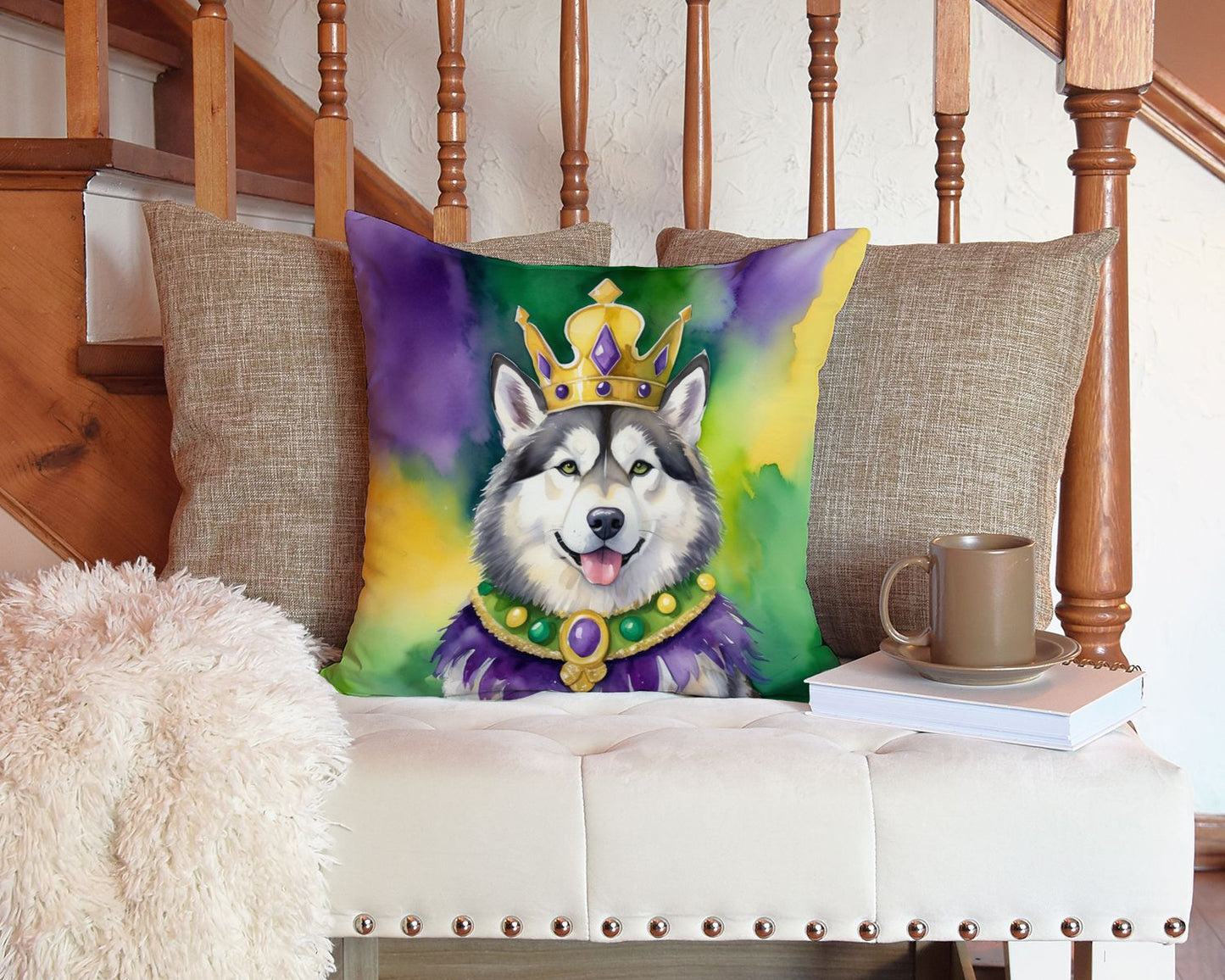 Alaskan Malamute King of Mardi Gras Throw Pillow Machine Washable, Indoor Outdoor Decorative Pillow for Couch, Bed or Patio, 14Hx14W