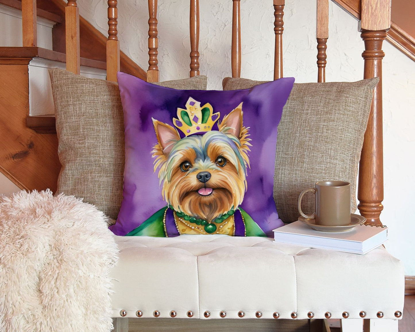 Yorkshire Terrier King of Mardi Gras Throw Pillow Machine Washable, Indoor Outdoor Decorative Pillow for Couch, Bed or Patio, 14Hx14W