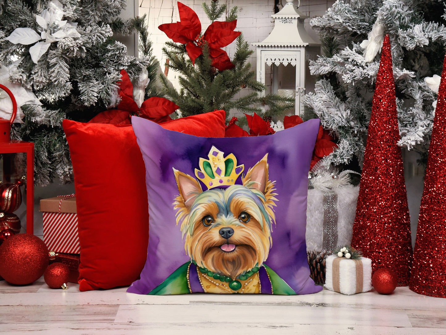 Yorkshire Terrier King of Mardi Gras Throw Pillow Machine Washable, Indoor Outdoor Decorative Pillow for Couch, Bed or Patio, 14Hx14W