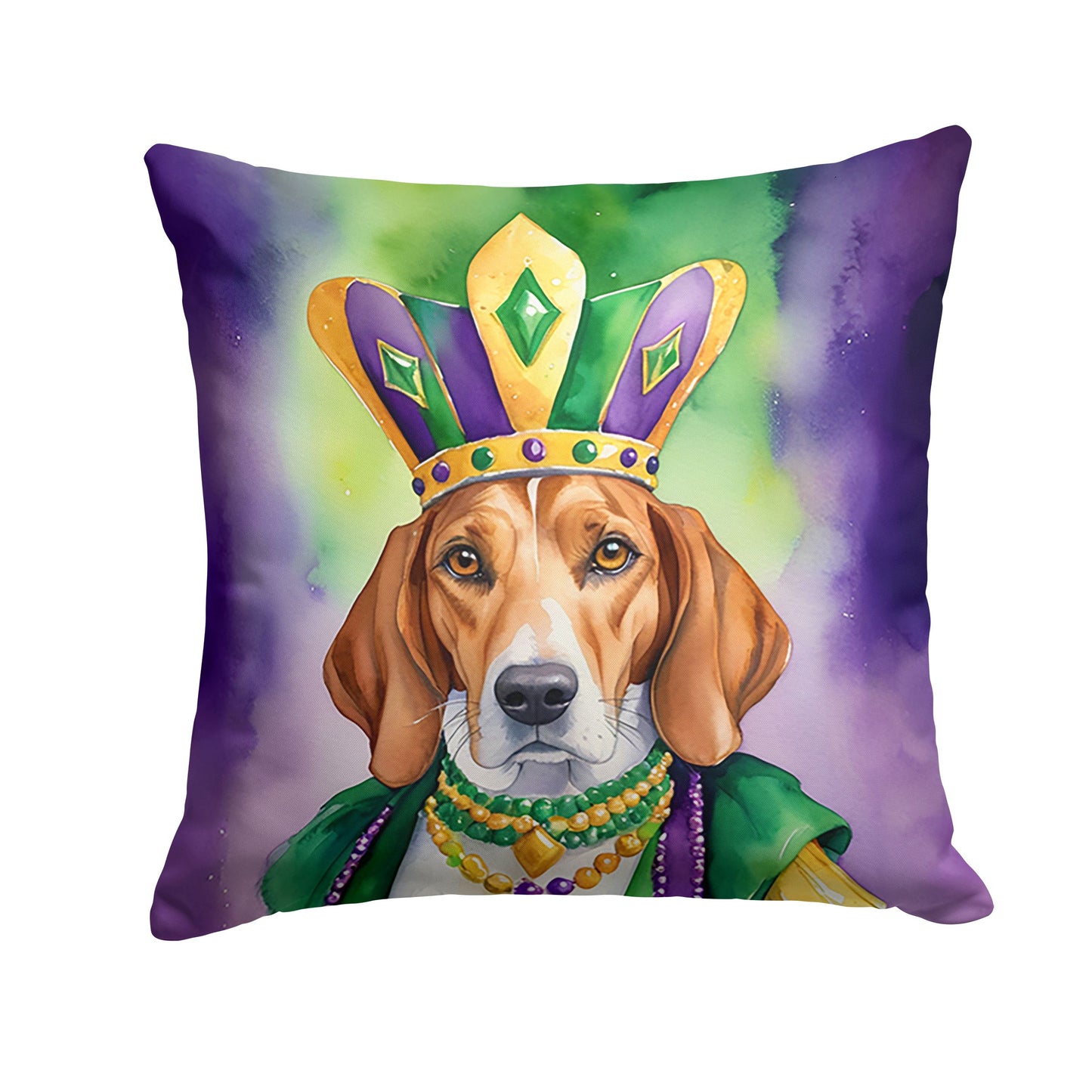 English Foxhound King of Mardi Gras Throw Pillow Machine Washable, Indoor Outdoor Decorative Pillow for Couch, Bed or Patio, 18Hx18W