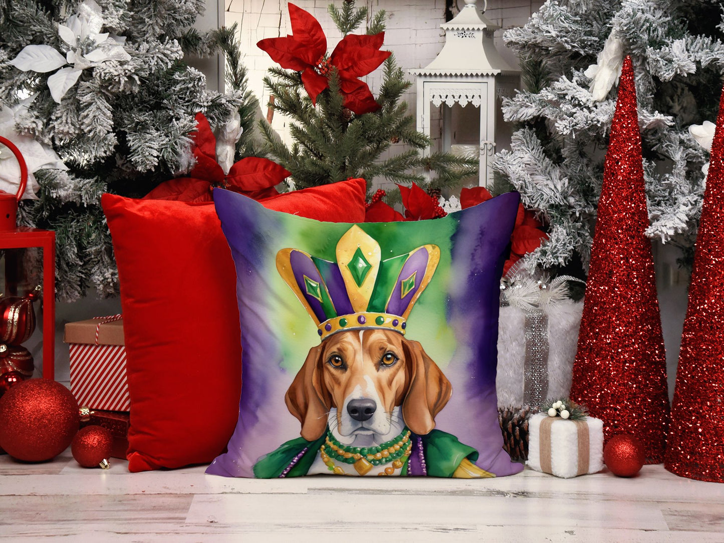 English Foxhound King of Mardi Gras Throw Pillow Machine Washable, Indoor Outdoor Decorative Pillow for Couch, Bed or Patio, 18Hx18W
