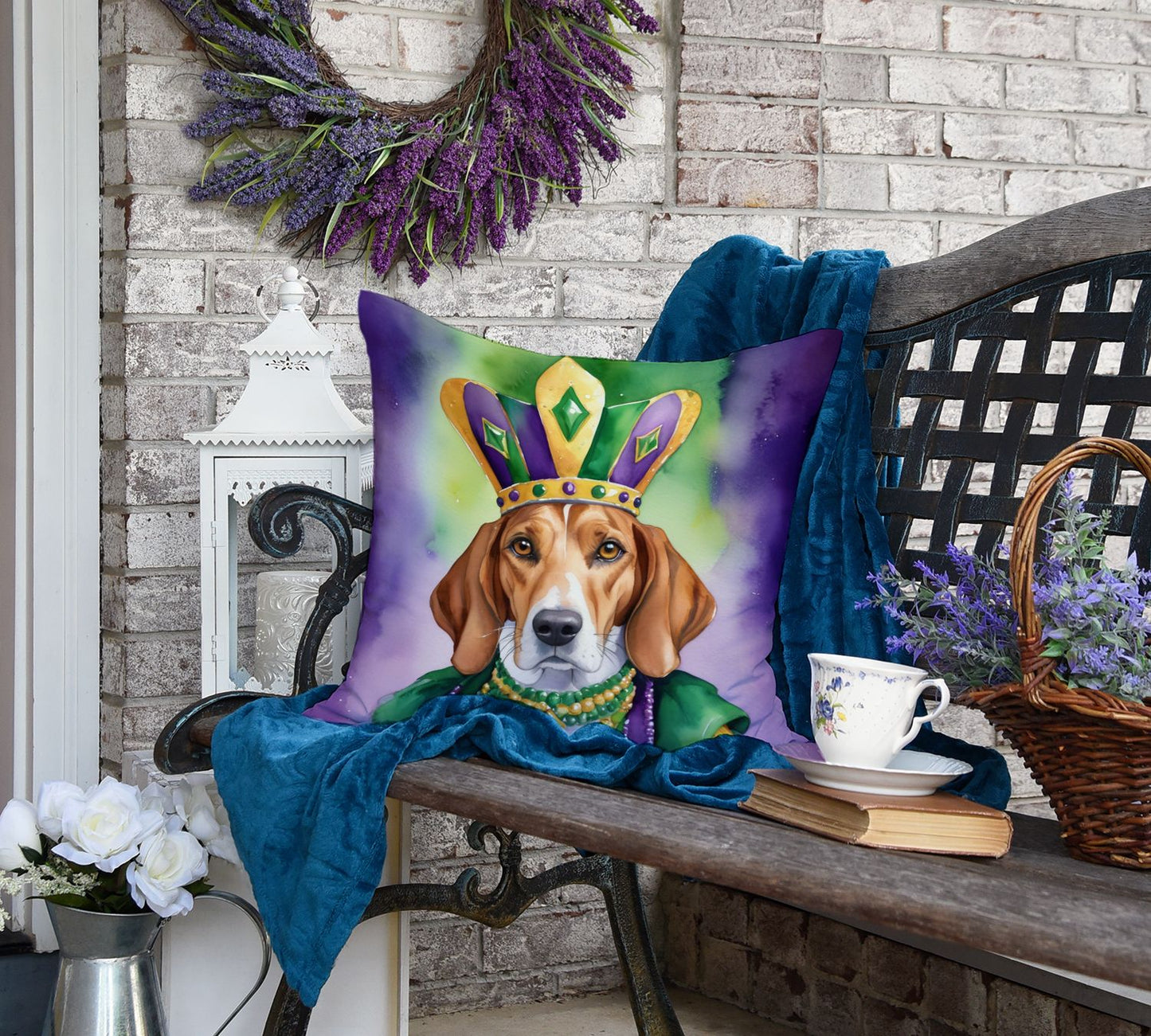 English Foxhound King of Mardi Gras Throw Pillow Machine Washable, Indoor Outdoor Decorative Pillow for Couch, Bed or Patio, 18Hx18W