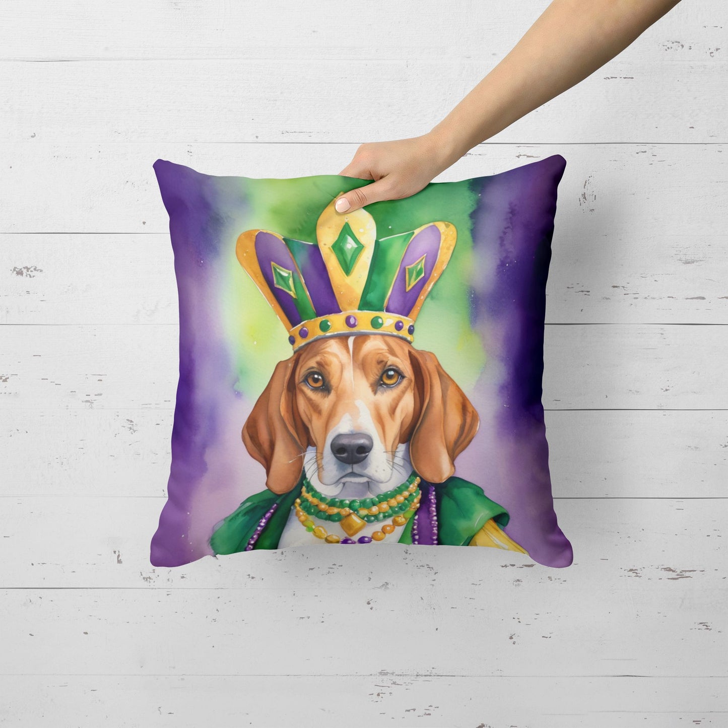 English Foxhound King of Mardi Gras Throw Pillow Machine Washable, Indoor Outdoor Decorative Pillow for Couch, Bed or Patio, 18Hx18W