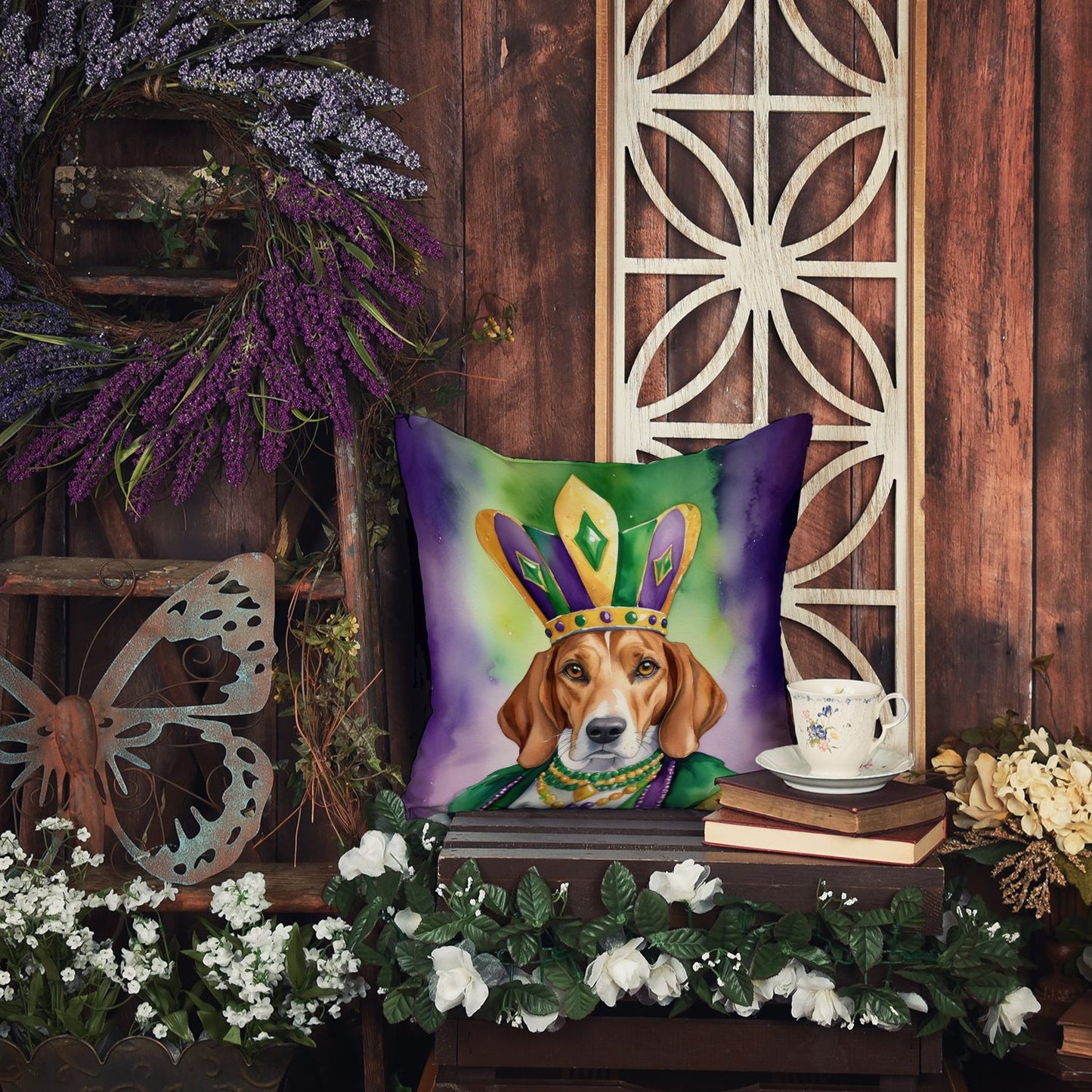 English Foxhound King of Mardi Gras Throw Pillow Machine Washable, Indoor Outdoor Decorative Pillow for Couch, Bed or Patio, 18Hx18W
