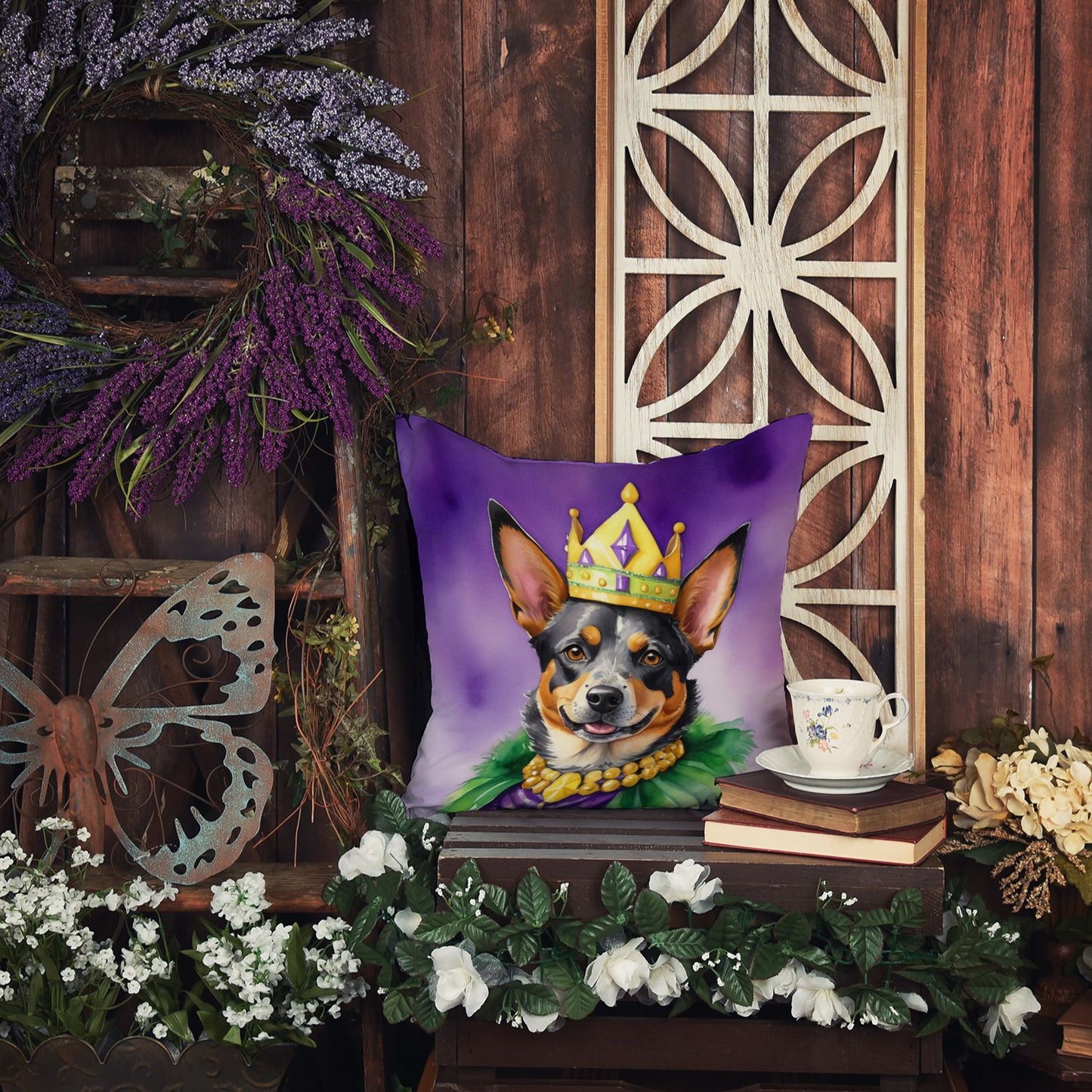 Australian Cattle Dog King of Mardi Gras Throw Pillow Machine Washable, Indoor Outdoor Decorative Pillow for Couch, Bed or Patio, 18Hx18W