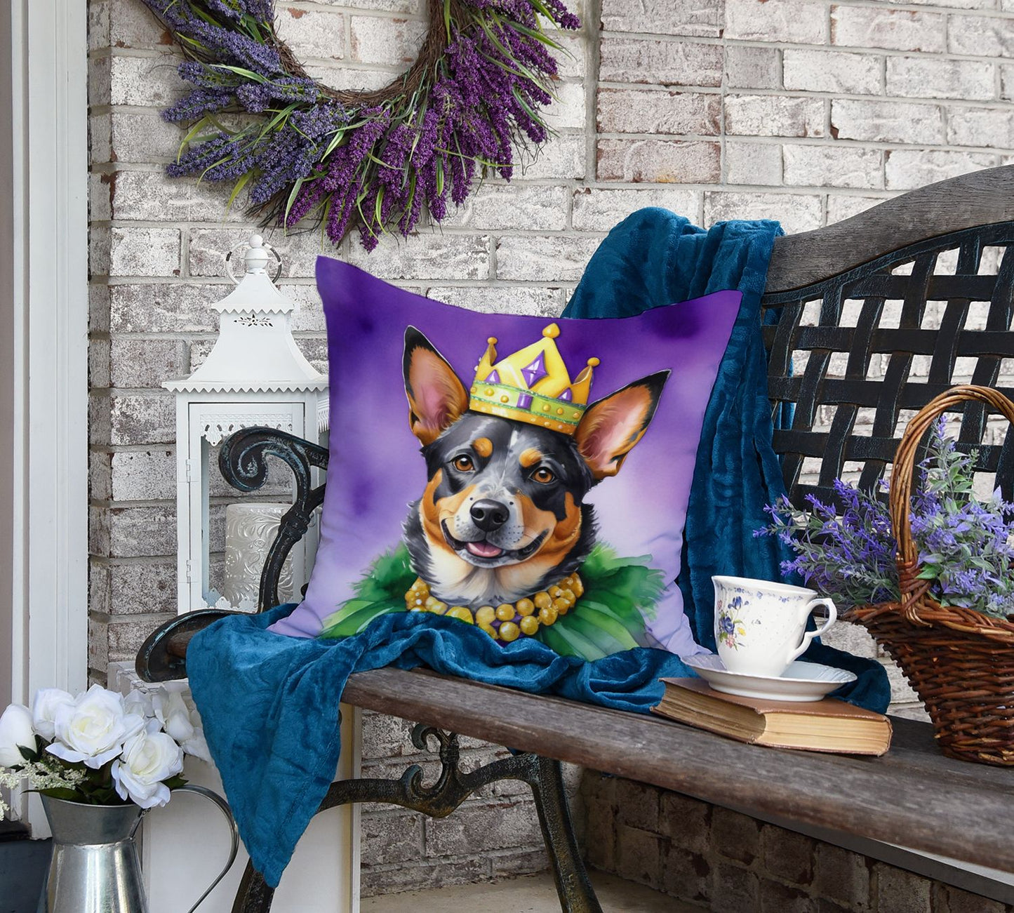 Australian Cattle Dog King of Mardi Gras Throw Pillow Machine Washable, Indoor Outdoor Decorative Pillow for Couch, Bed or Patio, 18Hx18W