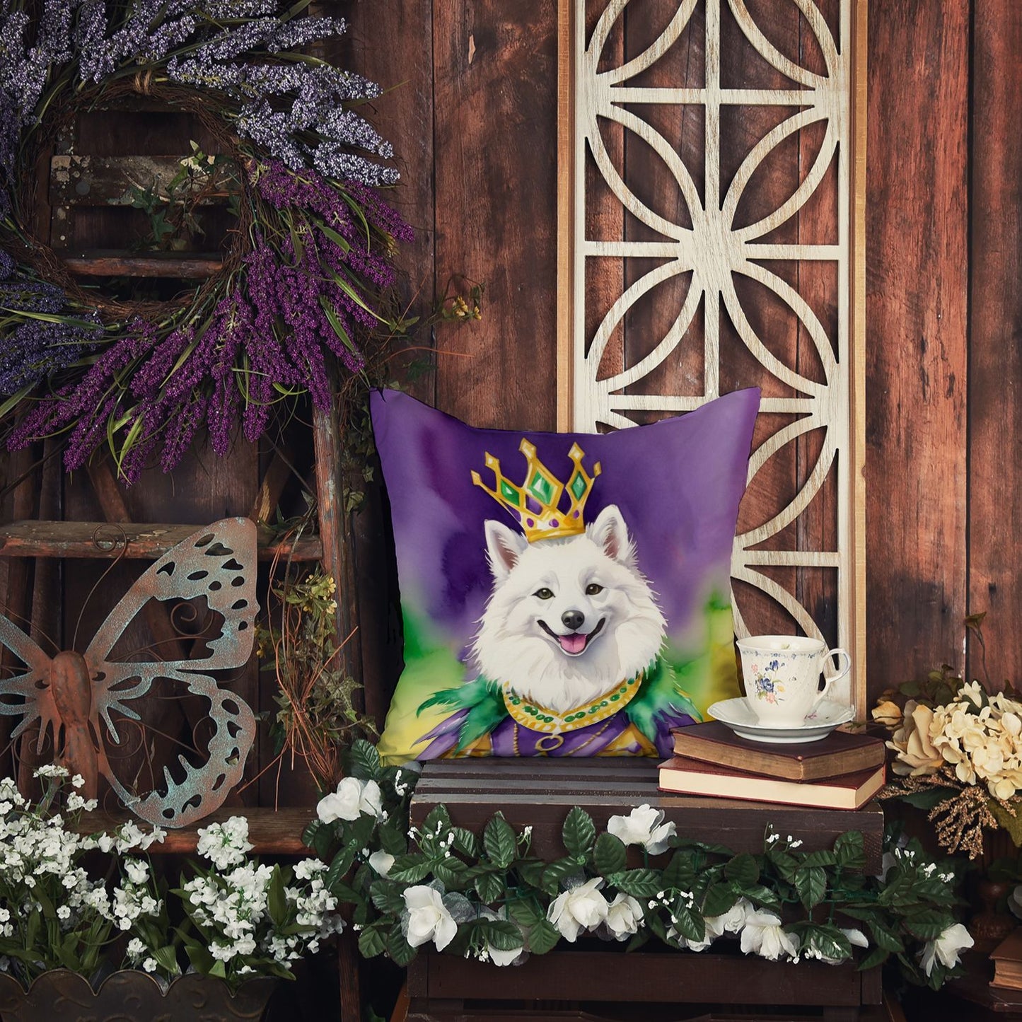 American Eskimo King of Mardi Gras Throw Pillow Machine Washable, Indoor Outdoor Decorative Pillow for Couch, Bed or Patio, 18Hx18W