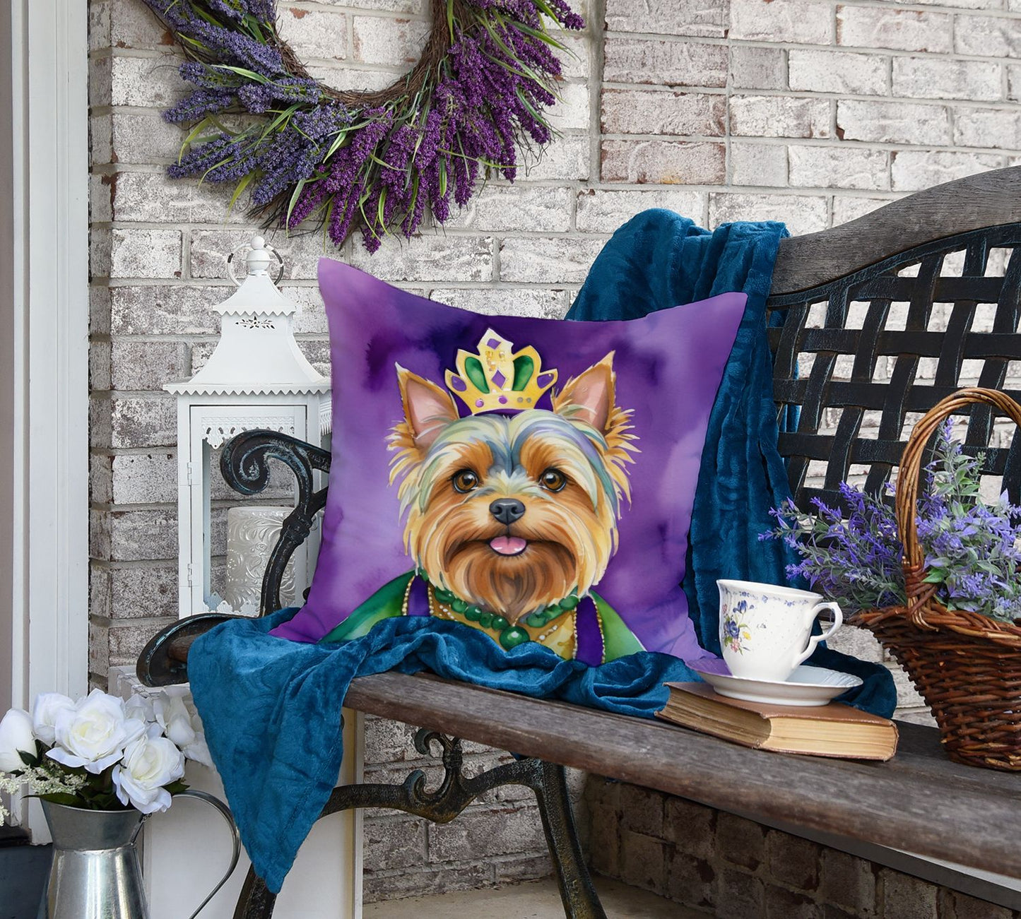 Yorkshire Terrier King of Mardi Gras Throw Pillow Machine Washable, Indoor Outdoor Decorative Pillow for Couch, Bed or Patio, 18Hx18W