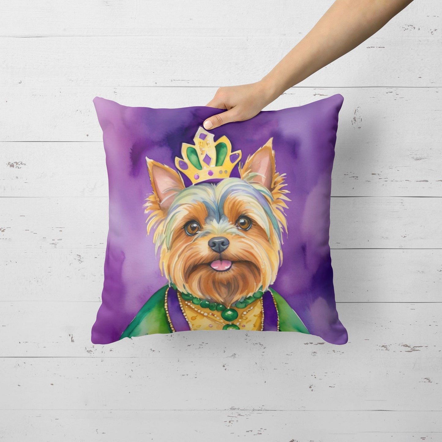 Yorkshire Terrier King of Mardi Gras Throw Pillow Machine Washable, Indoor Outdoor Decorative Pillow for Couch, Bed or Patio, 18Hx18W