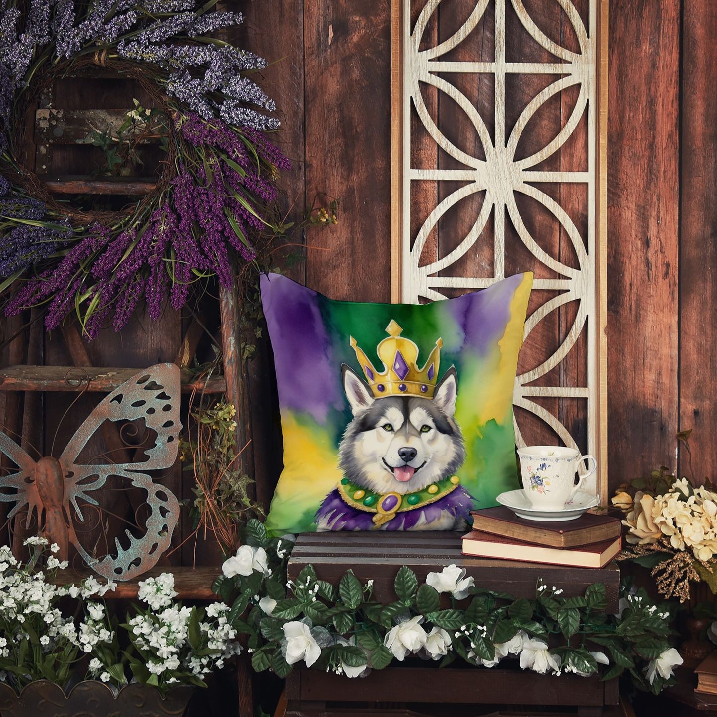 Alaskan Malamute King of Mardi Gras Throw Pillow Machine Washable, Indoor Outdoor Decorative Pillow for Couch, Bed or Patio, 14Hx14W