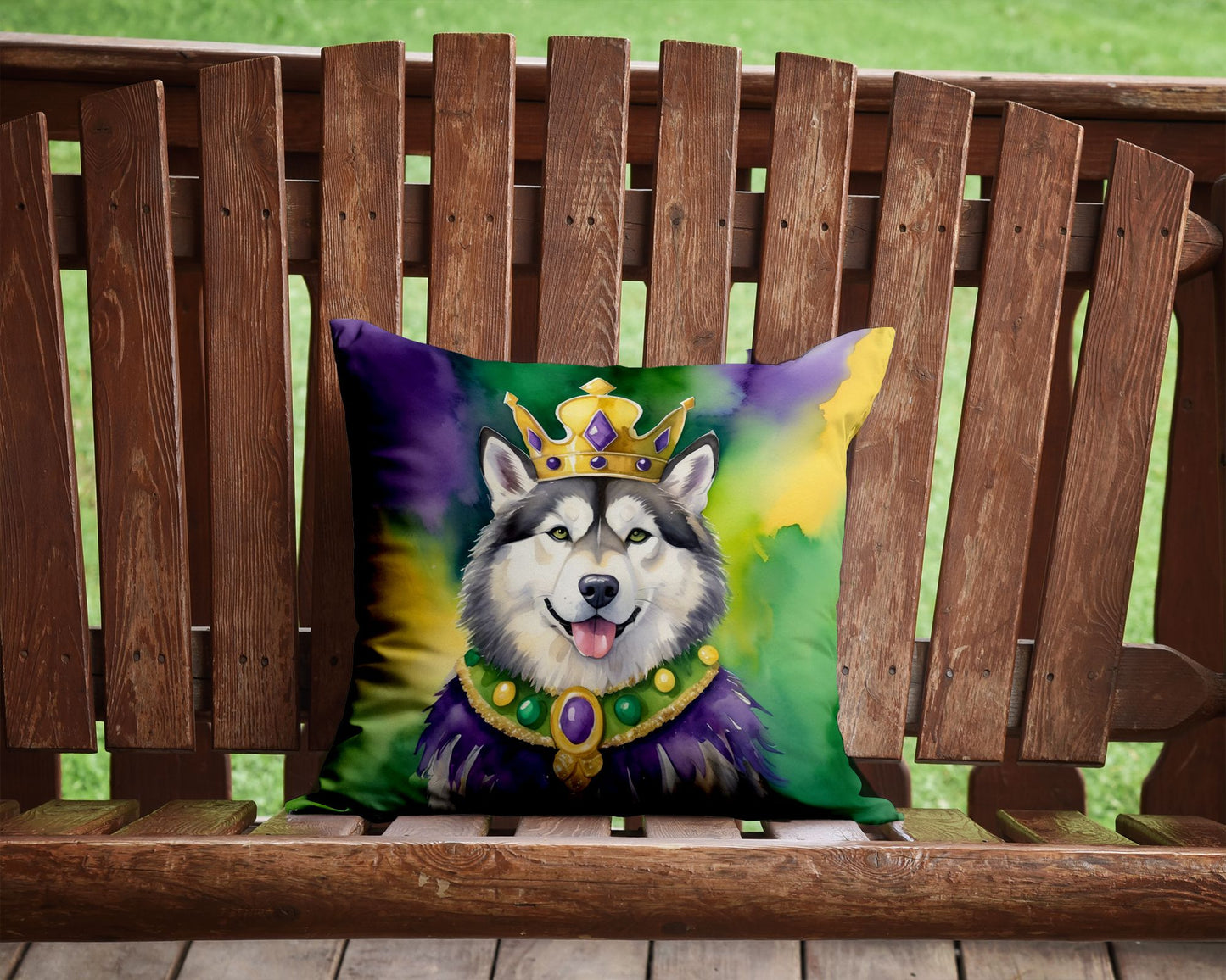 Alaskan Malamute King of Mardi Gras Throw Pillow Machine Washable, Indoor Outdoor Decorative Pillow for Couch, Bed or Patio, 14Hx14W