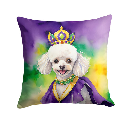 White Poodle King of Mardi Gras Throw Pillow Machine Washable, Indoor Outdoor Decorative Pillow for Couch, Bed or Patio, 14Hx14W