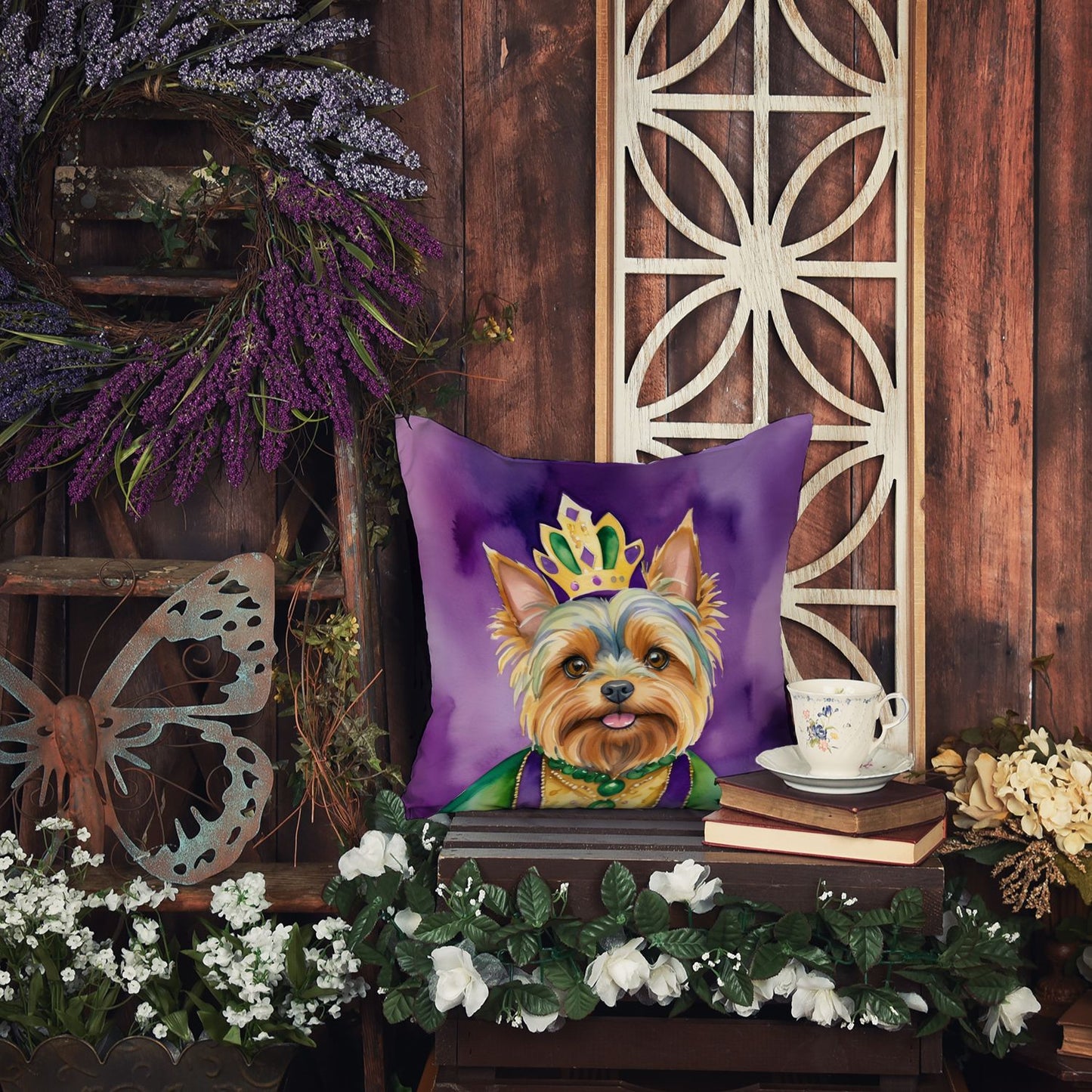 Yorkshire Terrier King of Mardi Gras Throw Pillow Machine Washable, Indoor Outdoor Decorative Pillow for Couch, Bed or Patio, 14Hx14W
