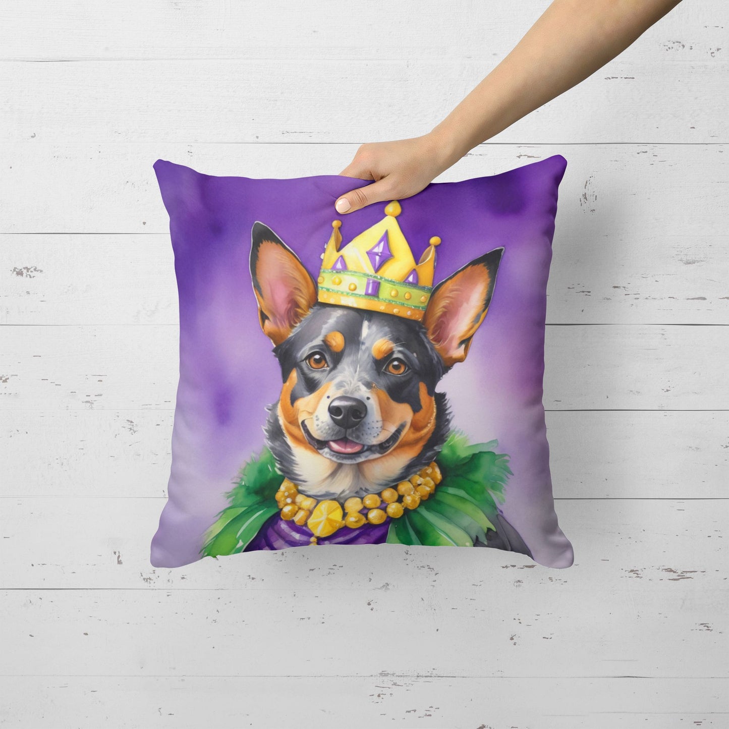 Australian Cattle Dog King of Mardi Gras Throw Pillow Machine Washable, Indoor Outdoor Decorative Pillow for Couch, Bed or Patio, 18Hx18W