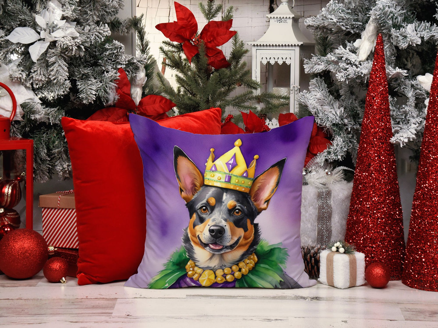 Australian Cattle Dog King of Mardi Gras Throw Pillow Machine Washable, Indoor Outdoor Decorative Pillow for Couch, Bed or Patio, 18Hx18W