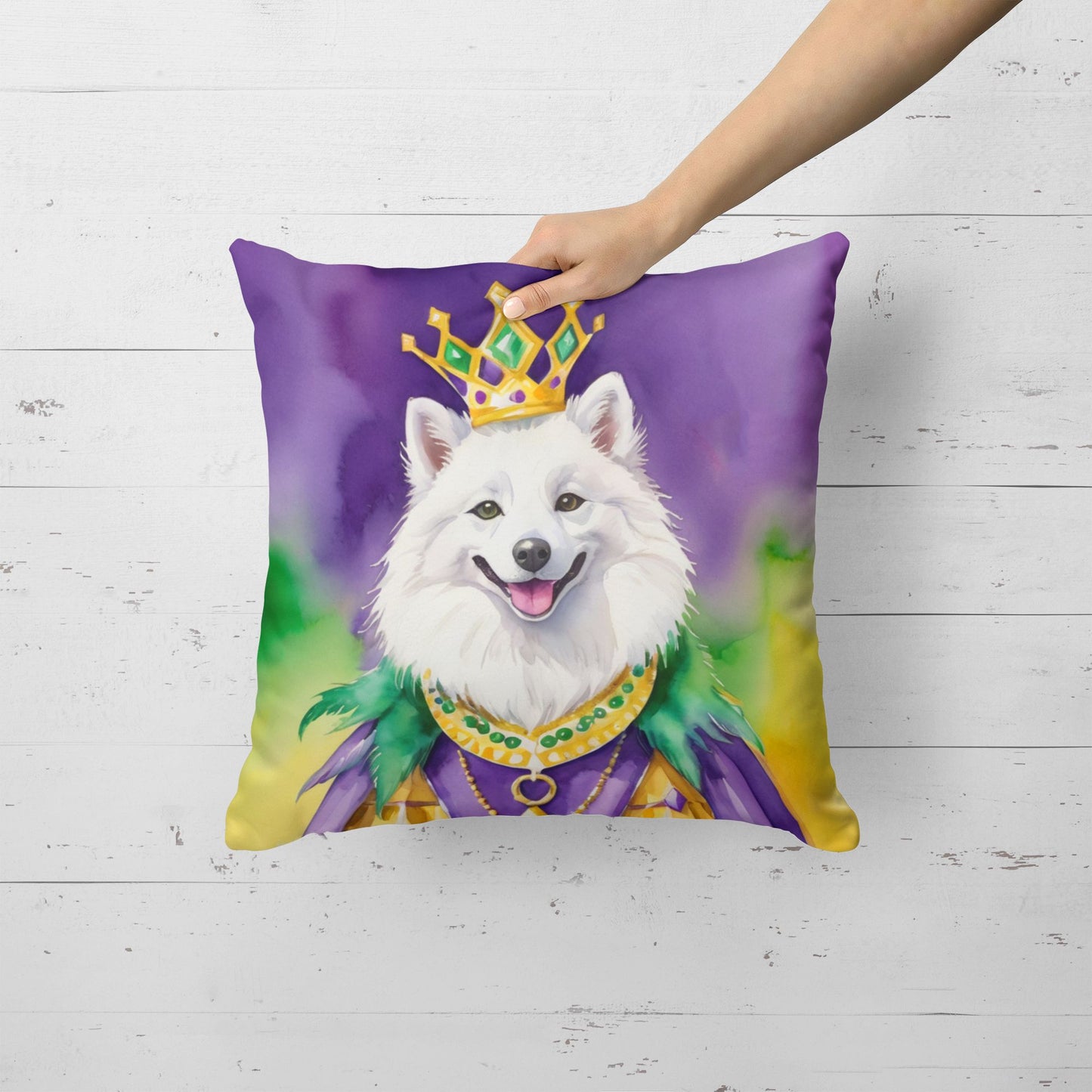 American Eskimo King of Mardi Gras Throw Pillow Machine Washable, Indoor Outdoor Decorative Pillow for Couch, Bed or Patio, 18Hx18W
