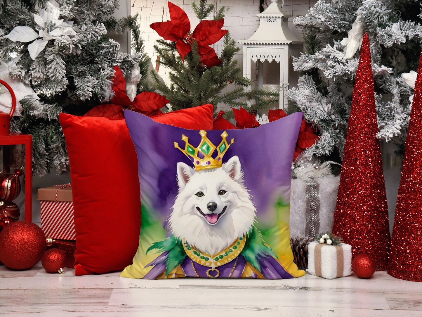 American Eskimo King of Mardi Gras Throw Pillow Machine Washable, Indoor Outdoor Decorative Pillow for Couch, Bed or Patio, 18Hx18W