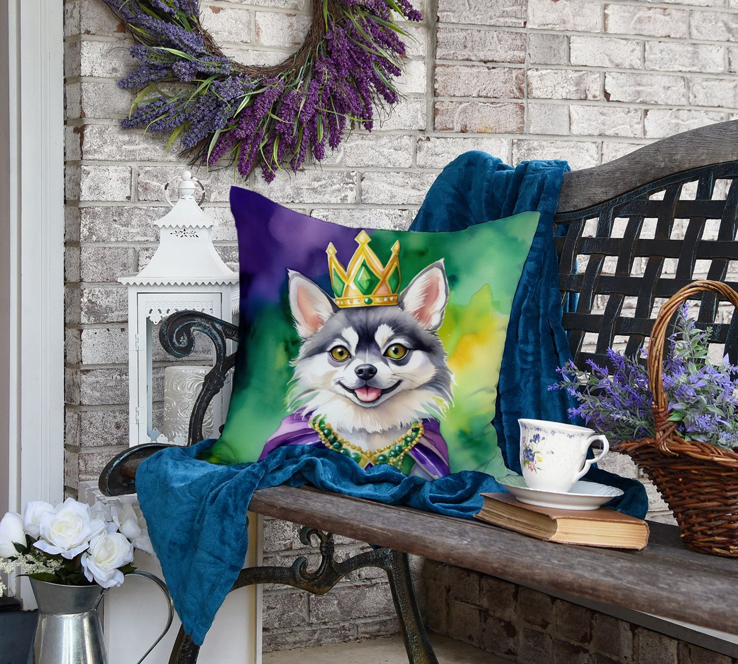Alaskan Klee Kai King of Mardi Gras Throw Pillow Machine Washable, Indoor Outdoor Decorative Pillow for Couch, Bed or Patio, 18Hx18W