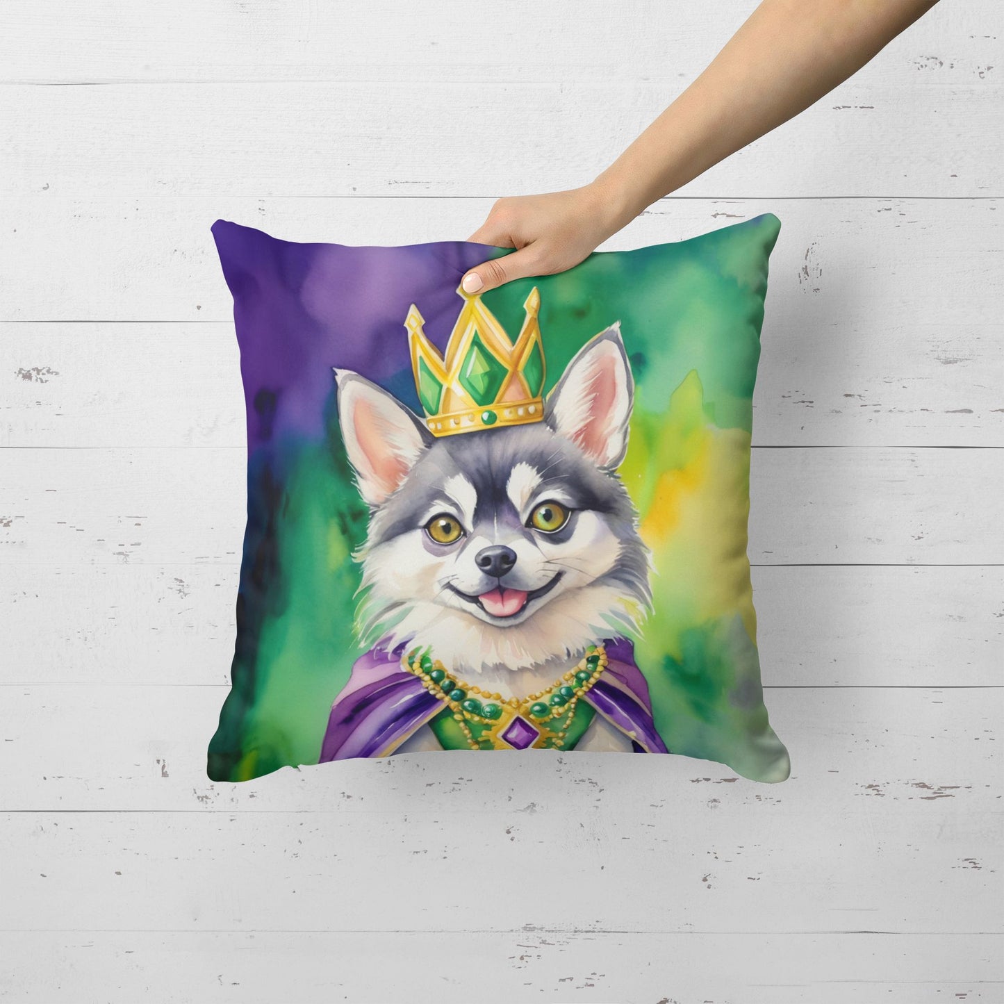 Alaskan Klee Kai King of Mardi Gras Throw Pillow Machine Washable, Indoor Outdoor Decorative Pillow for Couch, Bed or Patio, 18Hx18W
