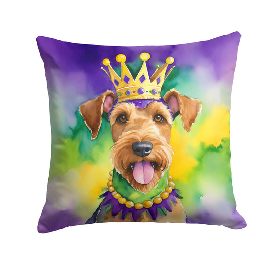 Airedale Terrier King of Mardi Gras Throw Pillow Machine Washable, Indoor Outdoor Decorative Pillow for Couch, Bed or Patio, 18Hx18W