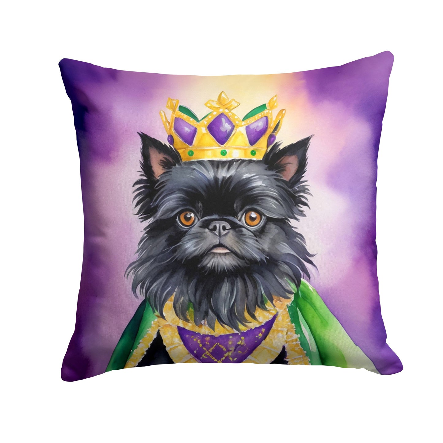 Affenpinscher King of Mardi Gras Throw Pillow Machine Washable, Indoor Outdoor Decorative Pillow for Couch, Bed or Patio, 18Hx18W