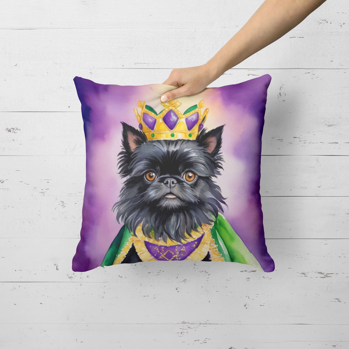 Affenpinscher King of Mardi Gras Throw Pillow Machine Washable, Indoor Outdoor Decorative Pillow for Couch, Bed or Patio, 18Hx18W