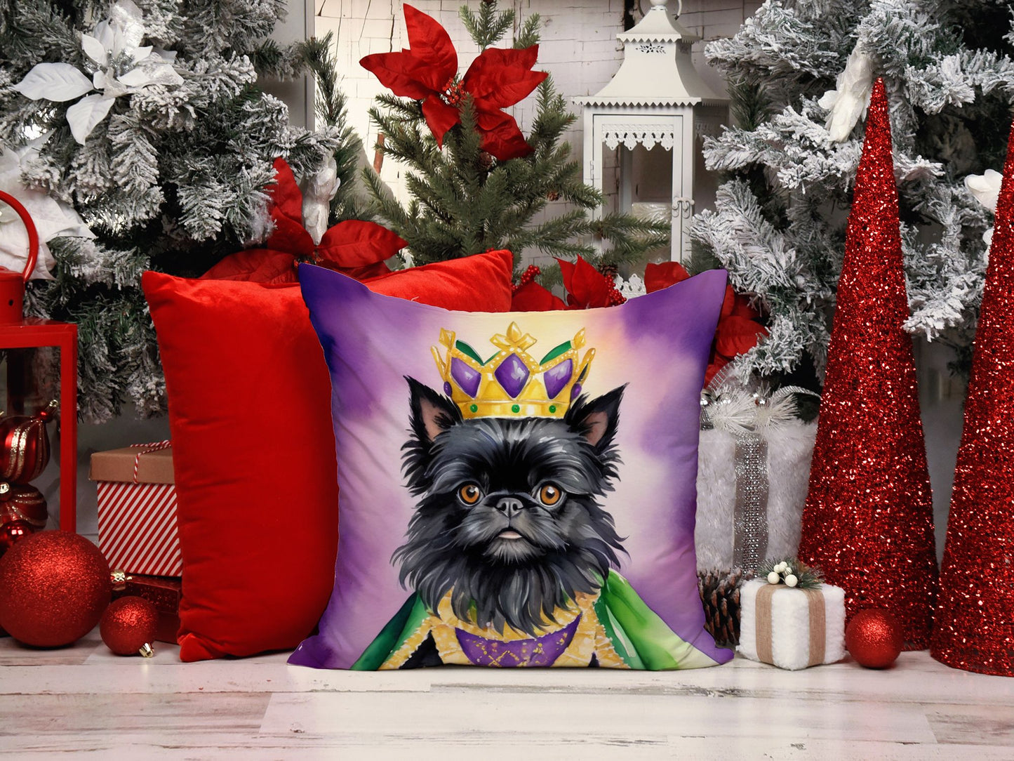Affenpinscher King of Mardi Gras Throw Pillow Machine Washable, Indoor Outdoor Decorative Pillow for Couch, Bed or Patio, 18Hx18W