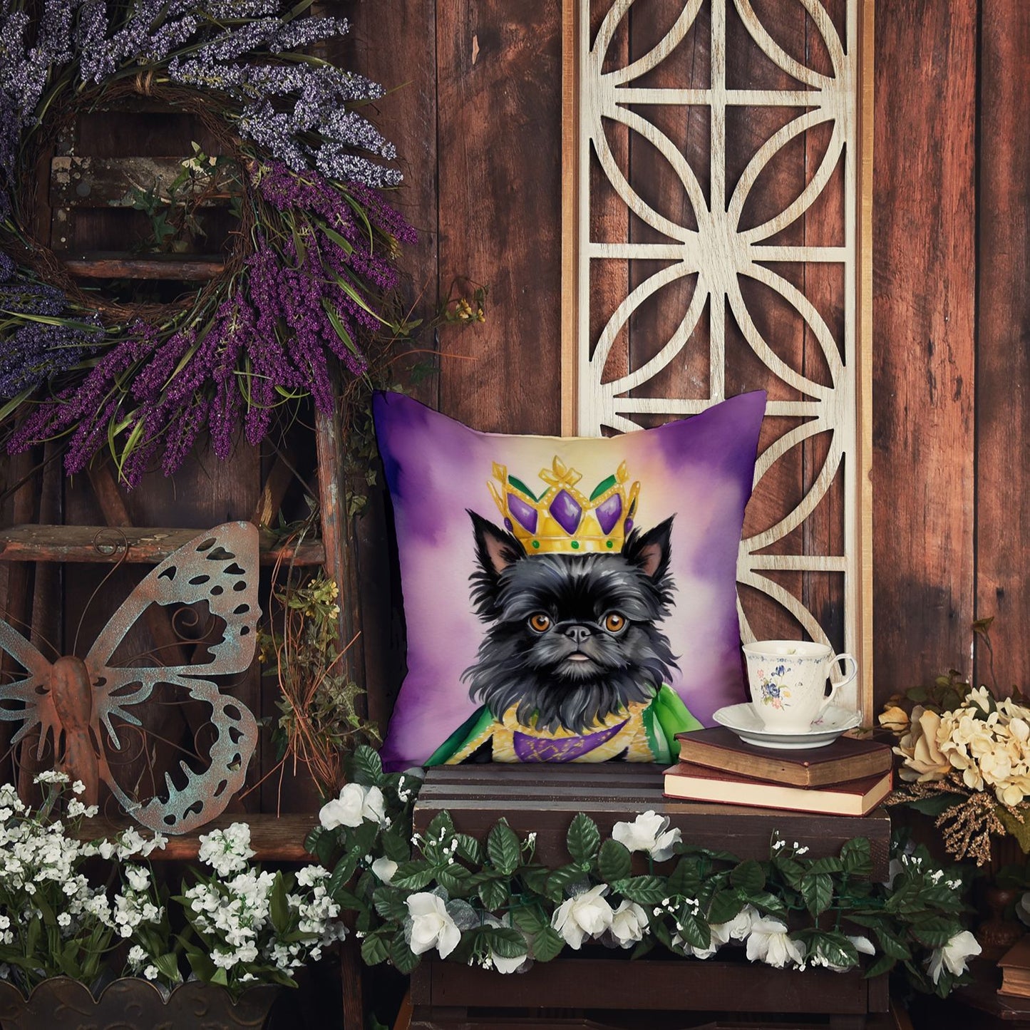 Affenpinscher King of Mardi Gras Throw Pillow Machine Washable, Indoor Outdoor Decorative Pillow for Couch, Bed or Patio, 18Hx18W