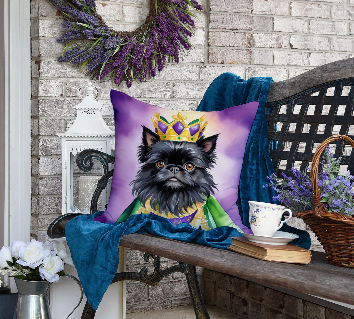 Affenpinscher King of Mardi Gras Throw Pillow Machine Washable, Indoor Outdoor Decorative Pillow for Couch, Bed or Patio, 18Hx18W